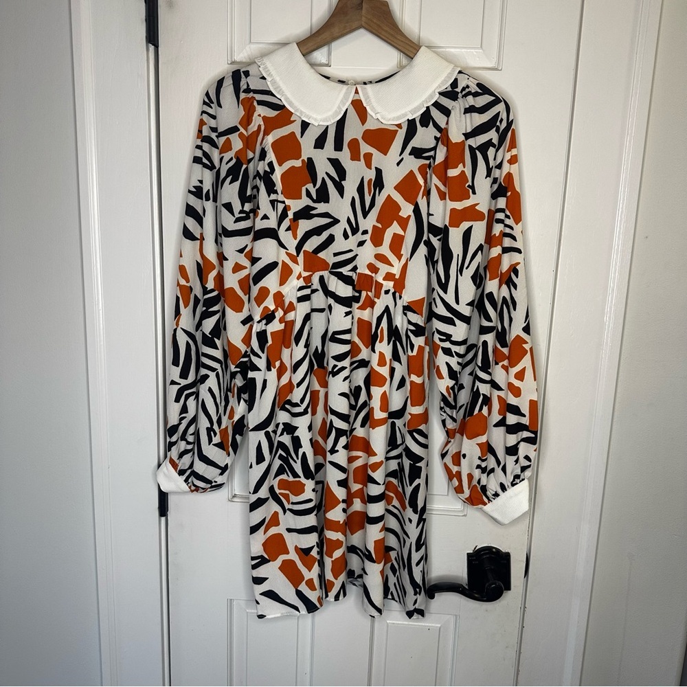 French Connection Vibrant Orange‎ and Black Long Sleeve Dress 6 - Picture 2 of 9